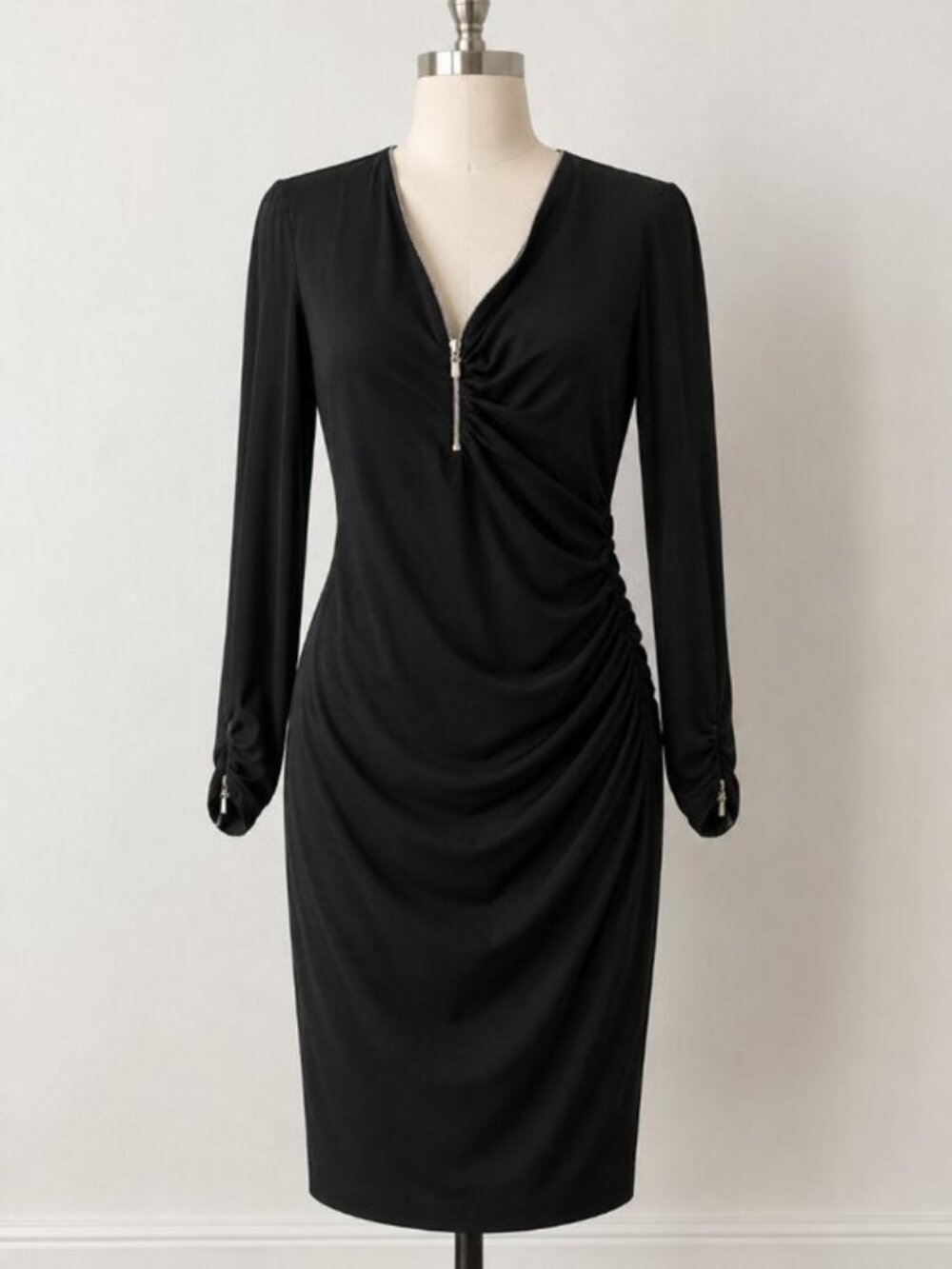 Cache Y2K Black Ruched Long Sleeve Gold Zip Dress Size M